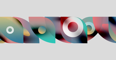 Abstract colorful shapes overlap, creating dynamic visual flow. Circles, curves, gradients dominate composition. Modern design element.