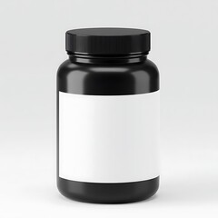 Black opaque plastic pill bottle with blank white label and black screw-on cap isolated on white background studio shot