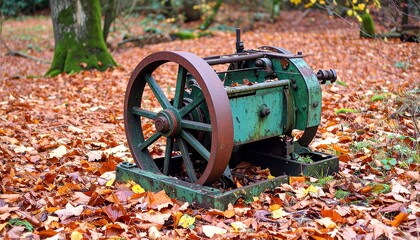 Abandoned machinery in the forest covered in autumn leaves scenery outdoor