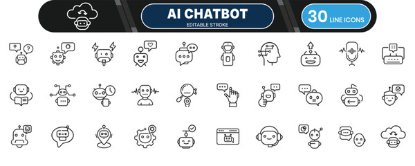 AI Chat bot Interaction Line Icon Set for Virtual Assistance, Customer Support, and Automated Communication Designs