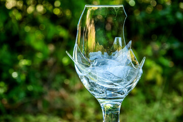 Shattered wine glass with pieces inside, set against a blurred green garden background