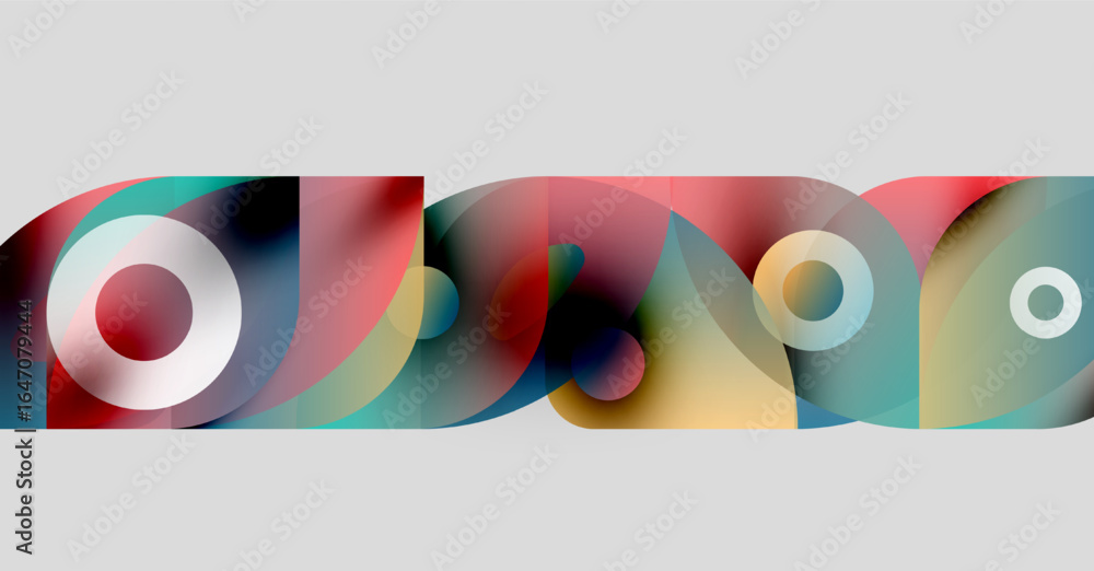 Poster abstract colorful shapes overlap, creating dynamic visual effect. circles, curves, gradients blend s
