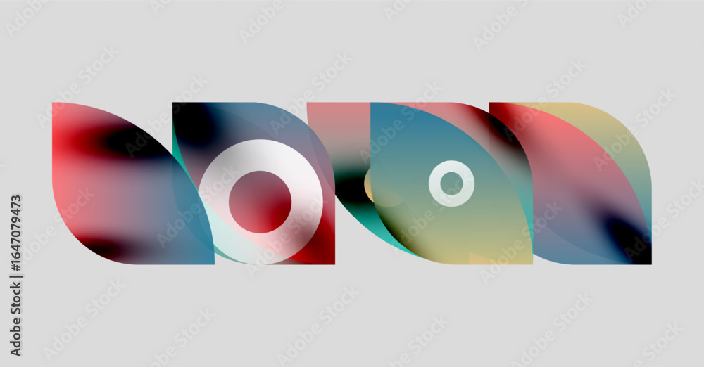 Poster abstract colorful shapes overlap, creating dynamic visual composition. soft gradients blend hues, fo