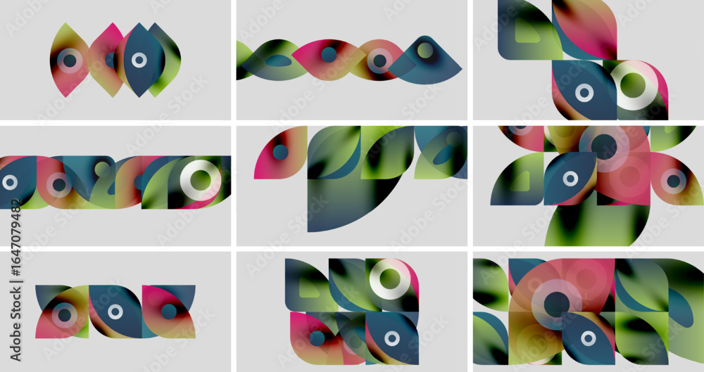 Poster abstract colorful shapes, overlapping circles, gradients. modern design elements arranged in grid pa