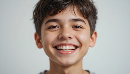 Cheerful portrait of a young boy smiling warmly, radiating happiness and positivity. The image captures a joyful moment with a vibrant and uplifting fee