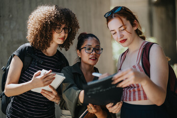 Three individuals collaborating outdoors, a professor guiding students with notebooks, fostering...