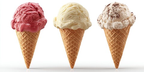 Three ice cream cones, showcasing strawberry, vanilla, and chocolate ice cream