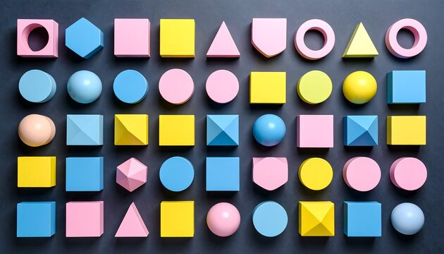 Colorful Geometric Shapes Arranged in a Grid Pattern on Dark Gray Background