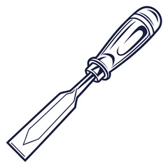 Black and white illustration of a chisel isolated on white background for woodworking and carpentry