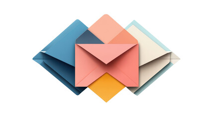 Various envelopes in different colors and orientations create an artistic display on a minimalistic surface