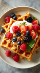 Waffles Topped With Yogurt Granola And Mixed Berry