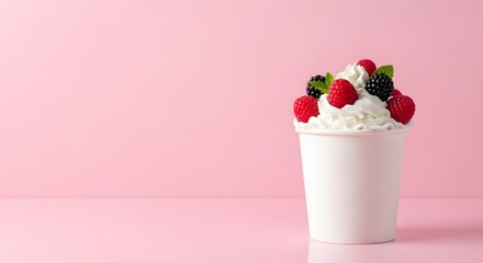 Delicious whipped cream dessert topped with fresh mixed berries on a pink background