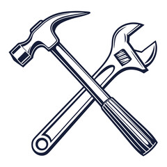 Illustration of a crossed hammer and wrench, essential tools for construction and repair, isolated on white background