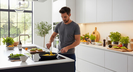 Young man cooking a healthy meal in a modern bright kitchen at home. Healthy lifestyle and culinary concept.