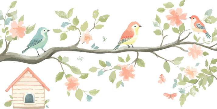 A cute pink bird perches on a flowering cherry blossom branch in spring
