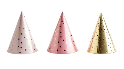 Bright colored party hats in pink, gold, and cream, perfect for birthday celebrations or festive events