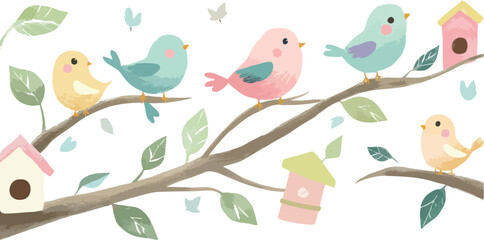 Cute cartoon birds on a tree branch with floral decorations