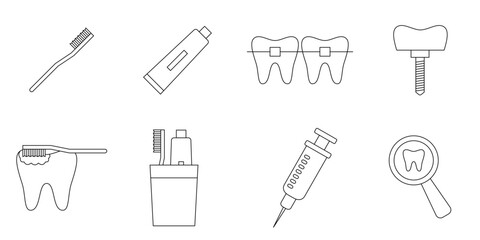 Obraz premium Editable line icon set for dental care and brushing. Collection of dentist and oral health logos. Icons of teeth, caries, implants, and dentures. Vector illustration. Isolated on a white background.