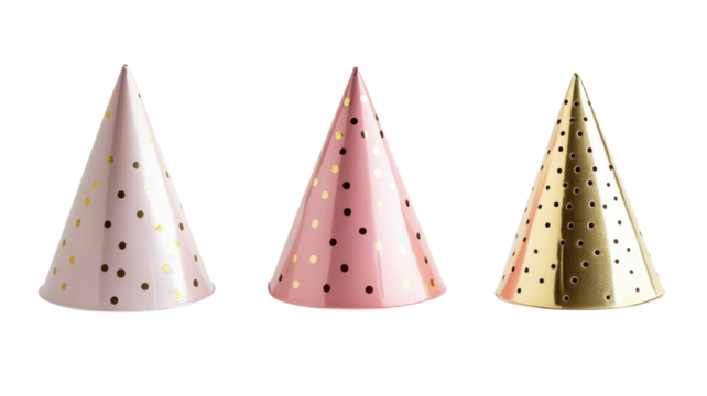 Bright colored party hats in pink, gold, and cream, perfect for birthday celebrations or festive events