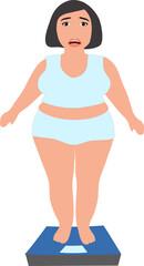 Weight loss concept - fat overweight woman stands on body scale 