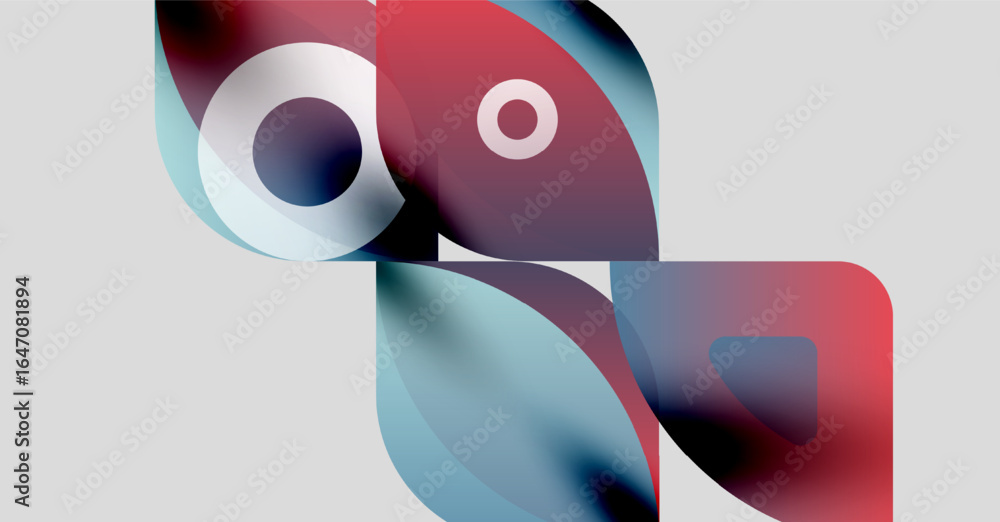 Poster abstract shapes overlap, creating vibrant color blends. soft gradients suggest depth, form modern de