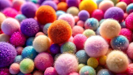 Fototapeta premium Close up of colorful fluffy pom poms creating a vibrant and playful background