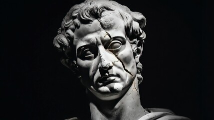 Cracked marble statue of Roman man with dramatic lighting on black background.