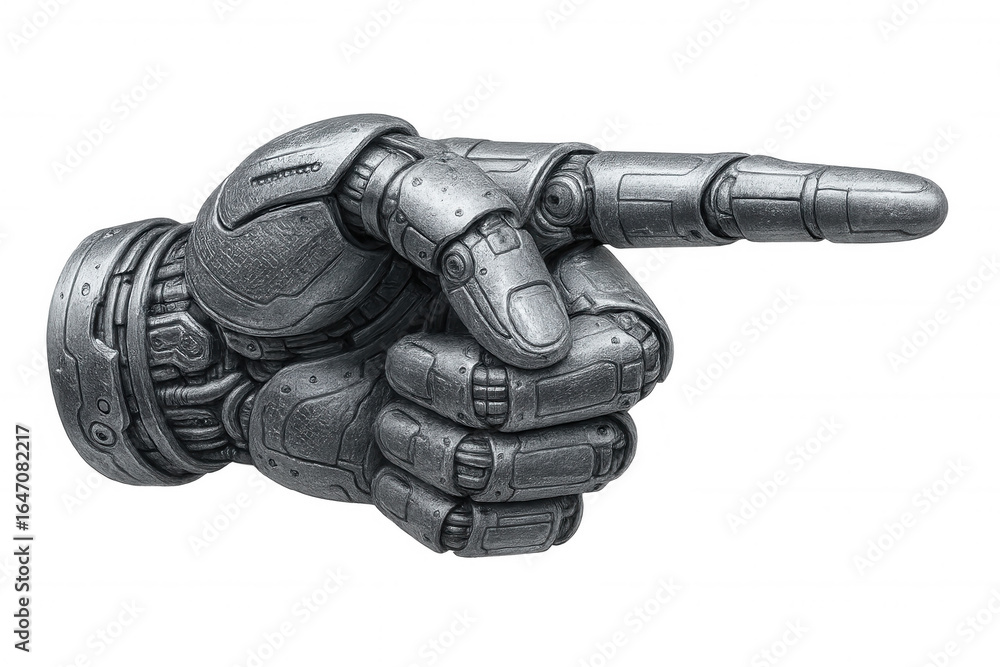 Poster metallic robotic finger gesturing, transparent background highlighting advanced technological design