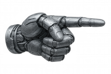 Metallic robotic finger gesturing, transparent background highlighting advanced technological design for innovative digital concepts