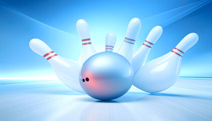 Blue metallic bowling ball striking white pins with red stripes on vivid blue dynamic background