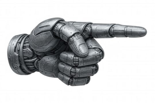 Metallic robotic finger gesturing, transparent background highlighting advanced technological design for innovative digital concepts - Powered by Adobe