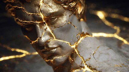 Ancient cracked statue with glowing golden veins on dark background conceptually lit.