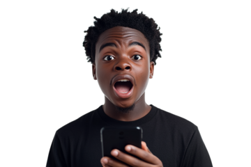 Shocked Black man in T-shirt holds phone on transparent background for posters, social media, branding.