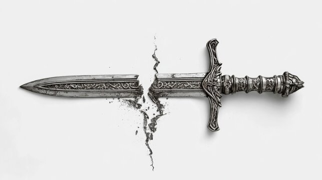 Broken ornate medieval sword split in half on white background. - Powered by Adobe