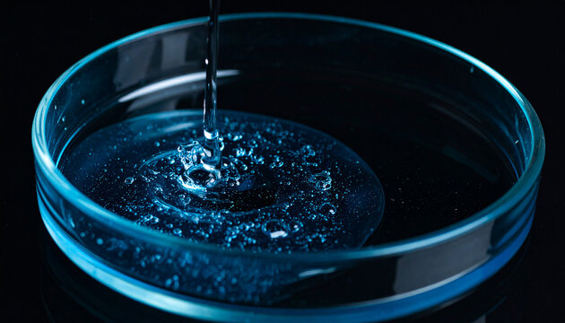 Droplet of blue liquid falling into glass petri dish, splash captured. Laboratory research.