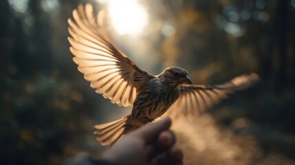 Fototapeta premium A majestic brown bird takes flight from a hand, surrounded by soft, golden sunlight in a tranquil forest setting.