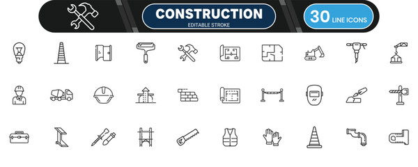 Construction Line Icon Set for Building Projects, Architectural Planning, and Industrial Development Illustrations