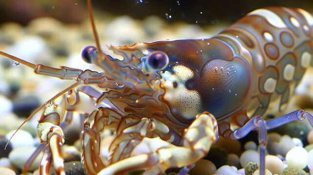 Stunning close-up of a vibrant patterned freshwater shrimp with intricate details and colorful eyes underwater.