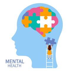 Mental health concept vector illustration. Girl on a ladder with puzzle.