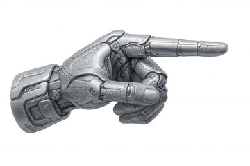 Metallic robotic hand extending index finger, revealing cutting-edge technological innovation against transparent backdrop