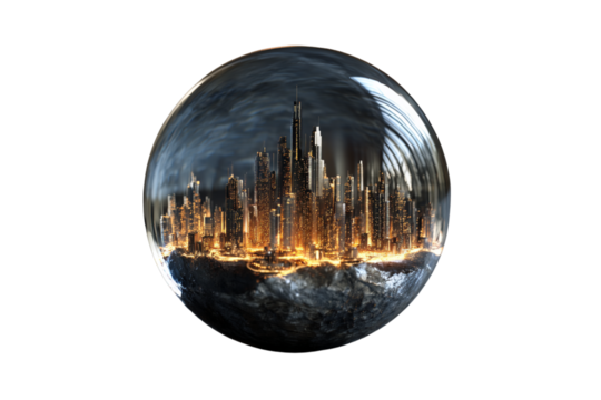 Glass Globe with Floating Miniature City Inside, Soft Ambient Light, Isolated on Transparent Background