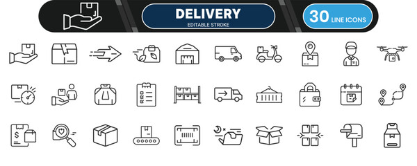 Delivery Icons Line Set for E-commerce, Courier Services and Fast Shipping Illustration Concepts