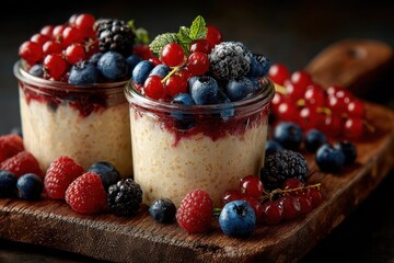 Healthy oatmeal breakfast with fresh berries on a wooden board