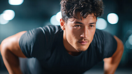 Young male athlete passionately performing push-ups while displaying intense focus and dedication

