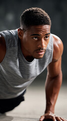 Young male athlete passionately performing push-ups while displaying intense focus and dedication

