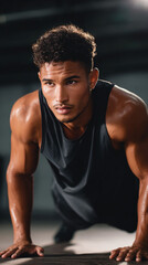 Young male athlete passionately performing push-ups while displaying intense focus and dedication

