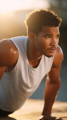 Young male athlete passionately performing push-ups while displaying intense focus and dedication

