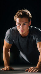 Young male athlete passionately performing push-ups while displaying intense focus and dedication

