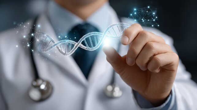 Doctor analyzing genetic report using augmented reality in a clinical setting closeup perspective for advanced medical insights - Powered by Adobe