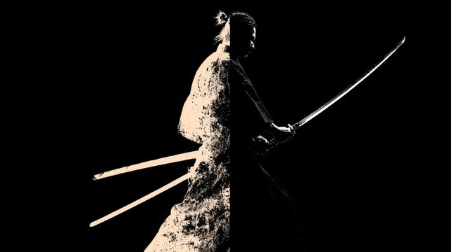 Silhouetted samurai with katana in dynamic ink style on black background.